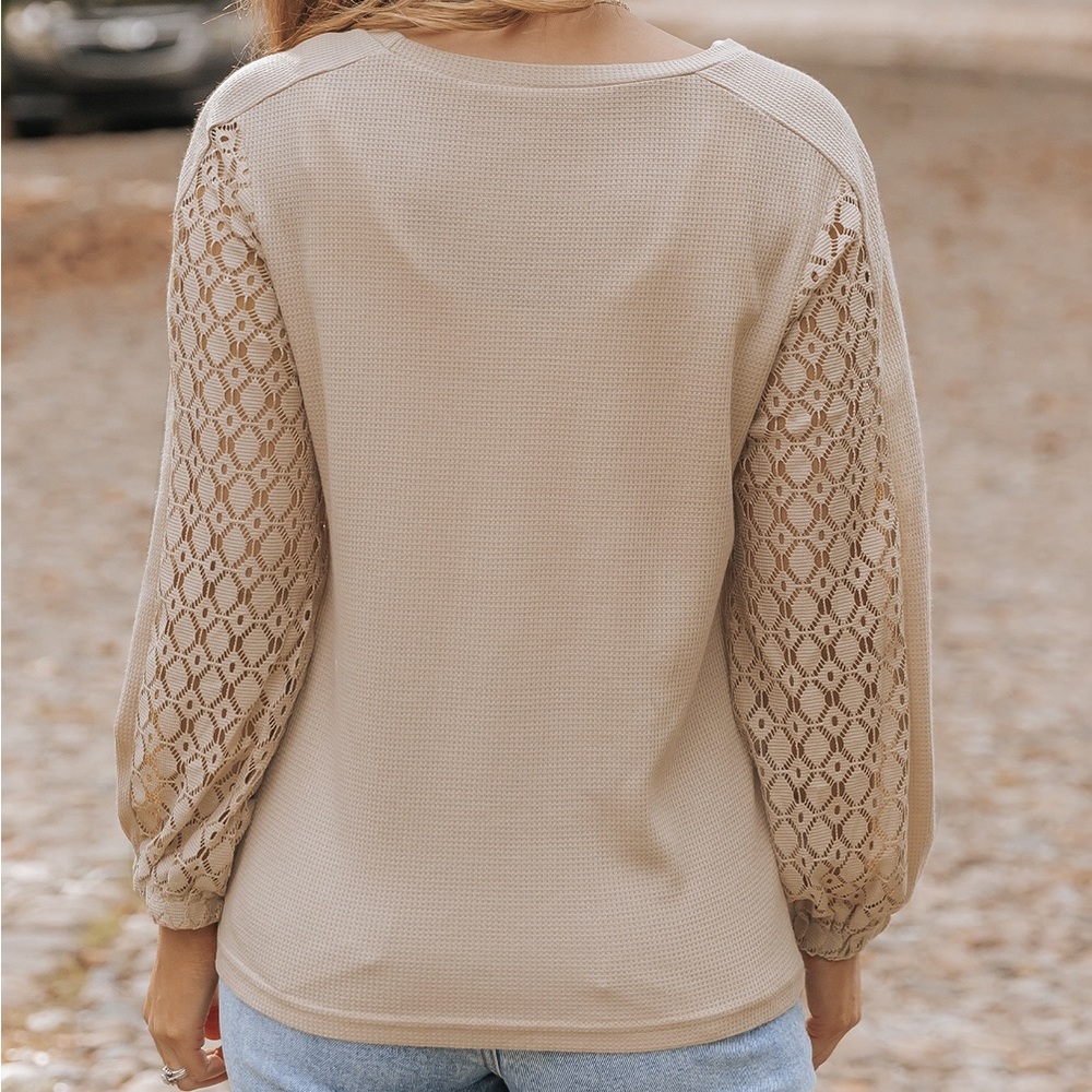 Beige Lace Sleeve Waffle Knit Top - Picture 4 of 9